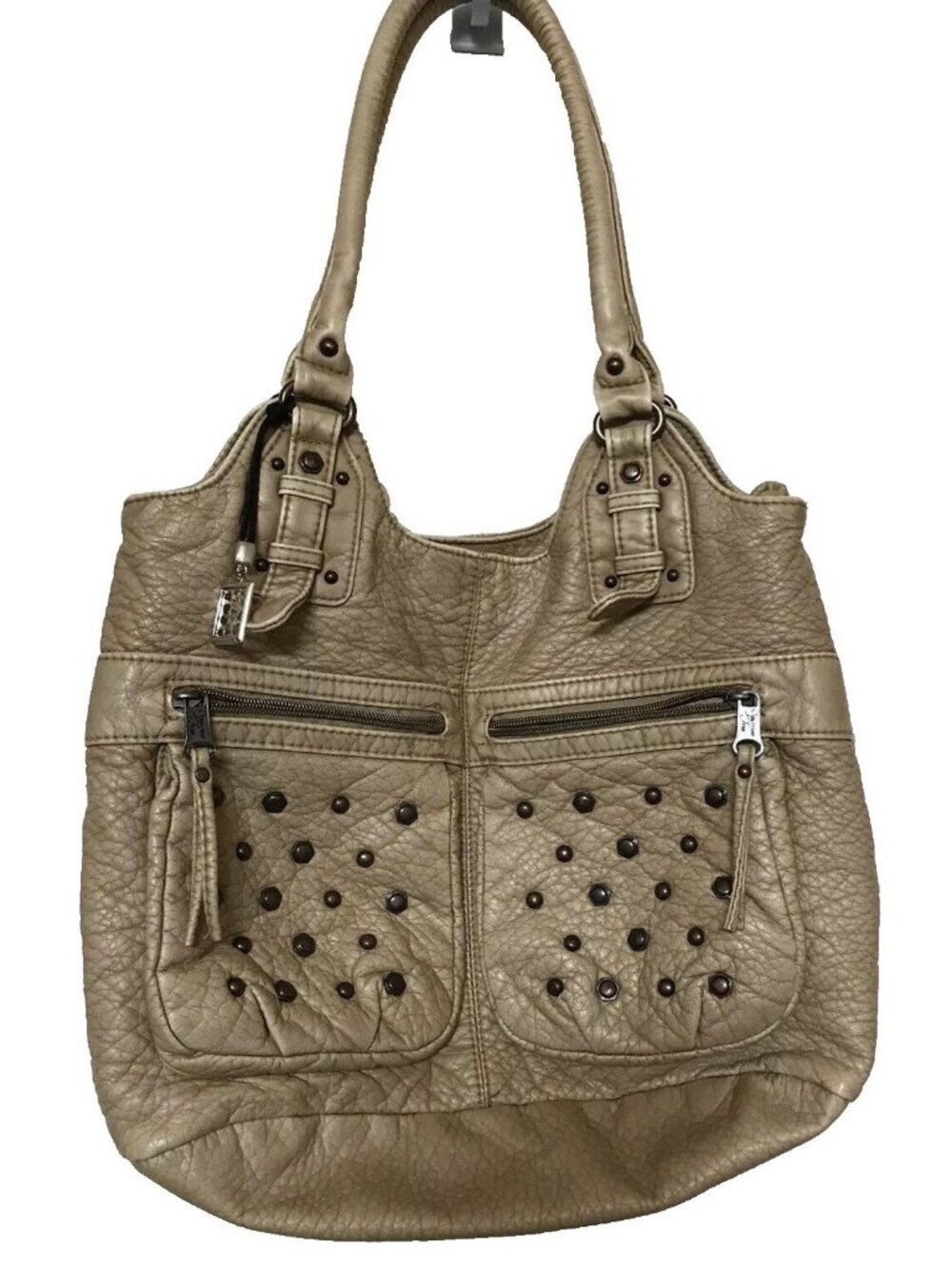 Sparrow True Taupe Studded Shoulder Handbag Purse Heart Charm Large Tote - Picture 10 of 10